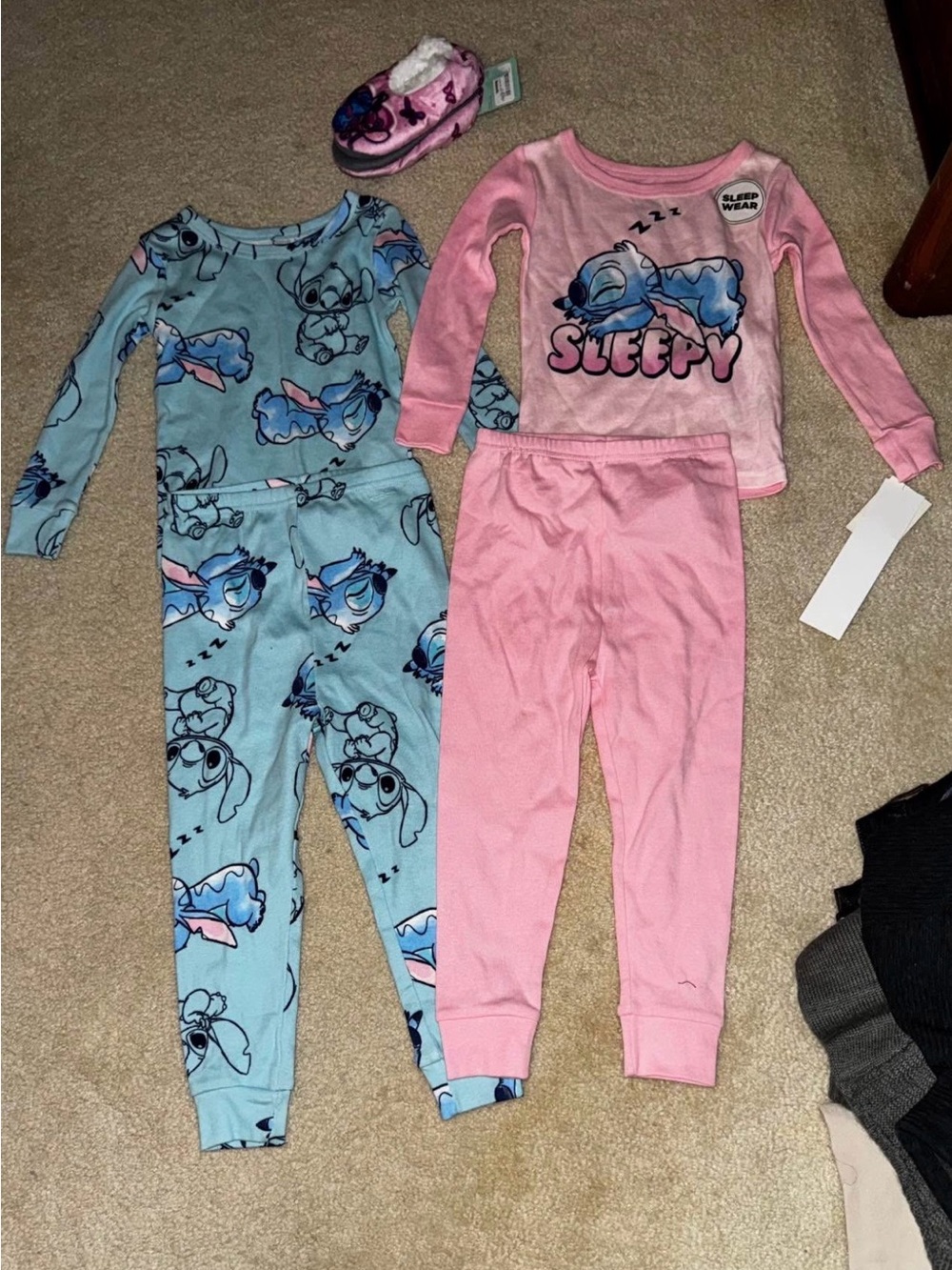 Disney Stitch Girls 4T 2-Piece Long Sleeve Knit Pajama Set Pink & Blue & Slipper
